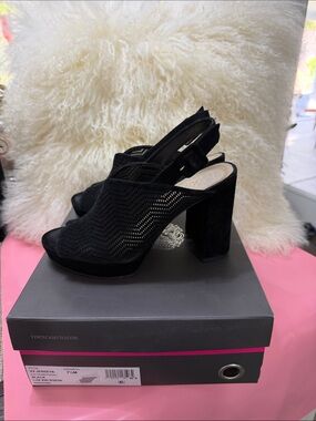 Vince Camuto Black Suede Peep-Toe Block Heel Slingbacks